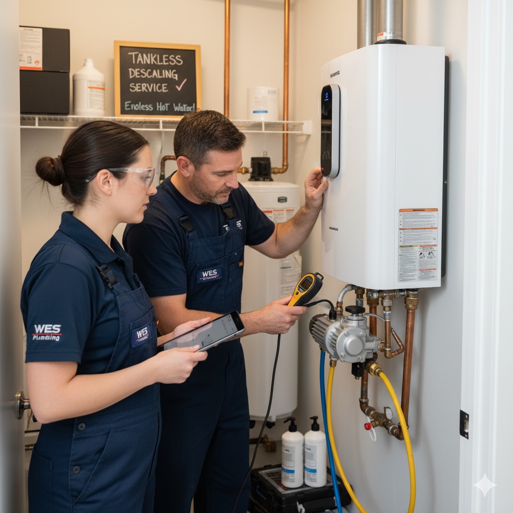 Licensed plumbers descaling and maintaining a tankless water heater system in White Marsh, MD.